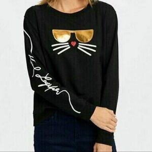 Karl Lagerfeld Pullover Sweatshirt Kitty Whiskers Gold Shades XL Black Gold